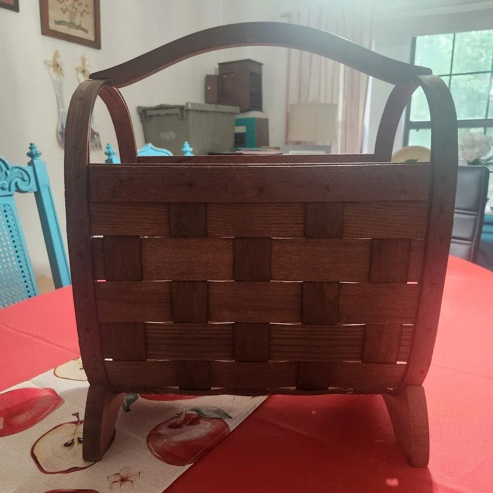 Vintage Handmade Wooden Woven Basket Magazine Rack Farmhouse Primitive Decor